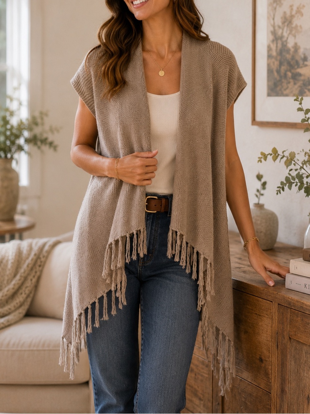 Willi Smith Fringe Knit Open Front Vest - Taupe